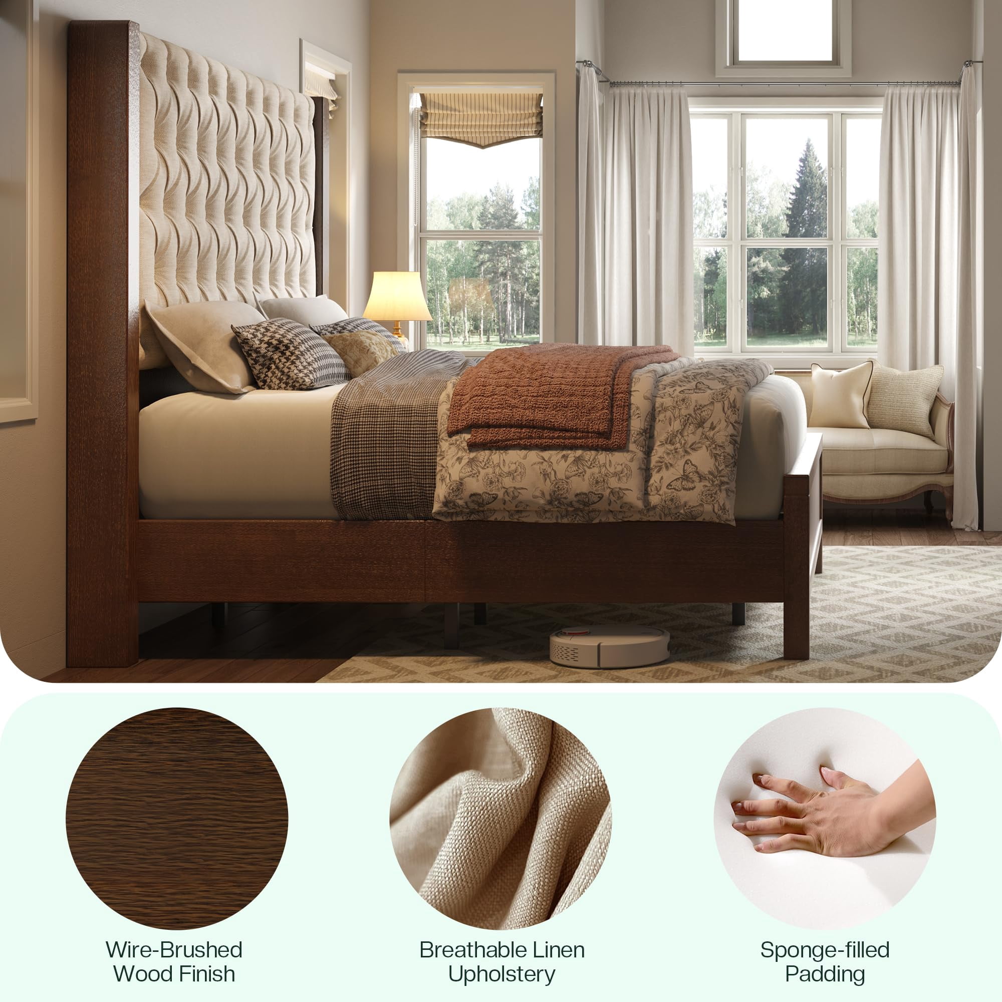 Merluxy Solid Wood King Size Bed Frame, 57" Tall Farmhouse Upholstered Line Wingback Headboard, Deep Button Tufted, Easy Assembly, Dark Walnut