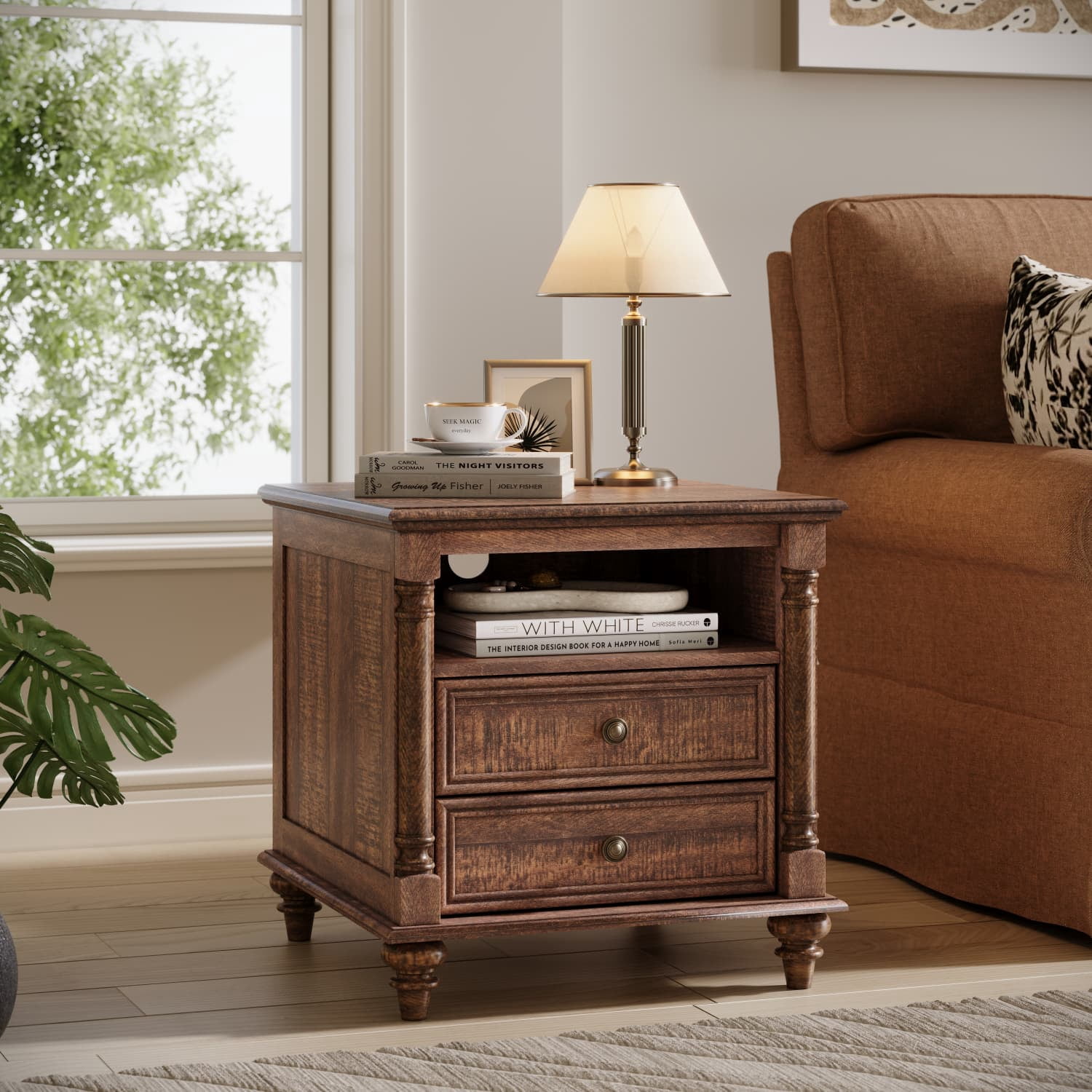 OKD Farmhouse Nightstand, 3 Drawer Wood Side Table with Charging Station for Bedroom, Living Room, Reclaimed Barnwood