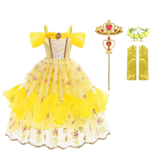 Disfraz de Cosplay de La Bella y La Bestia de dibujos animados de Halloween para niñas, vestido de fiesta de princesa Bella, vestidos de baile para niños, ropa 7-8T (etiqueta 140) Gao Jinjia LED