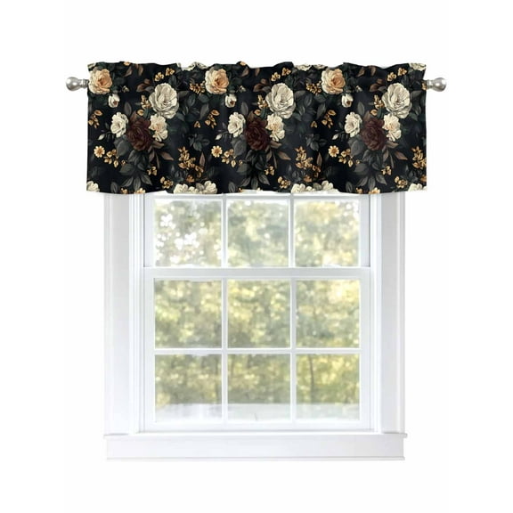 Vintage Black Floral Curtain Valances for Windows, Spring Seasonal Botanical Blooms Kitchen Valance Window Treatment, Light Filtering Block Curtains for Bathroom/Bedroom/Living Room 54'' x 18''