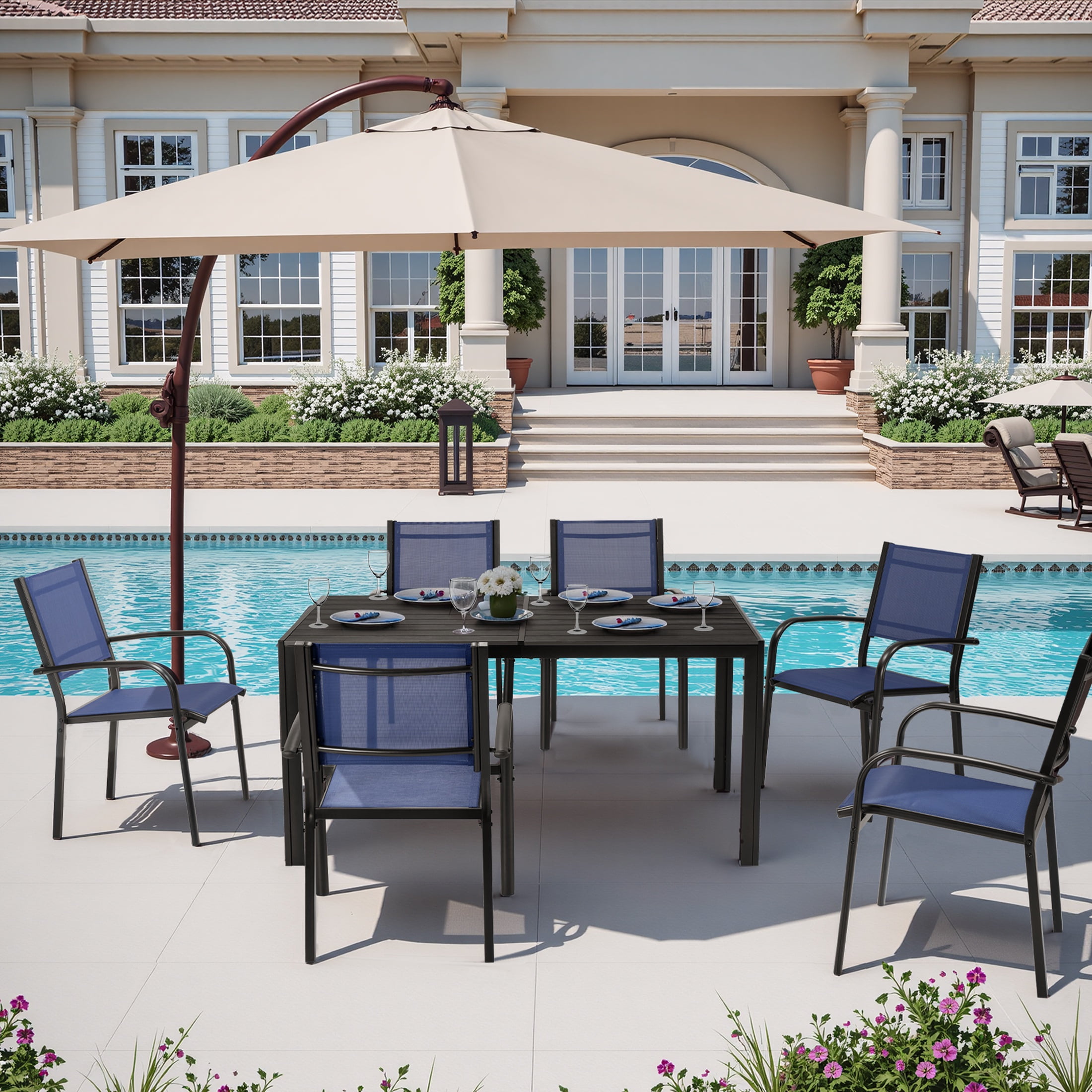 7 Piece Outdoor Dining Set, Patio Dining Table Set for 6 Persons, Garden Patio Textilene Dining Furniture Set with Plastic-Wood Tabletop, Dining Table Chairs Conversation Set for Deck Patio