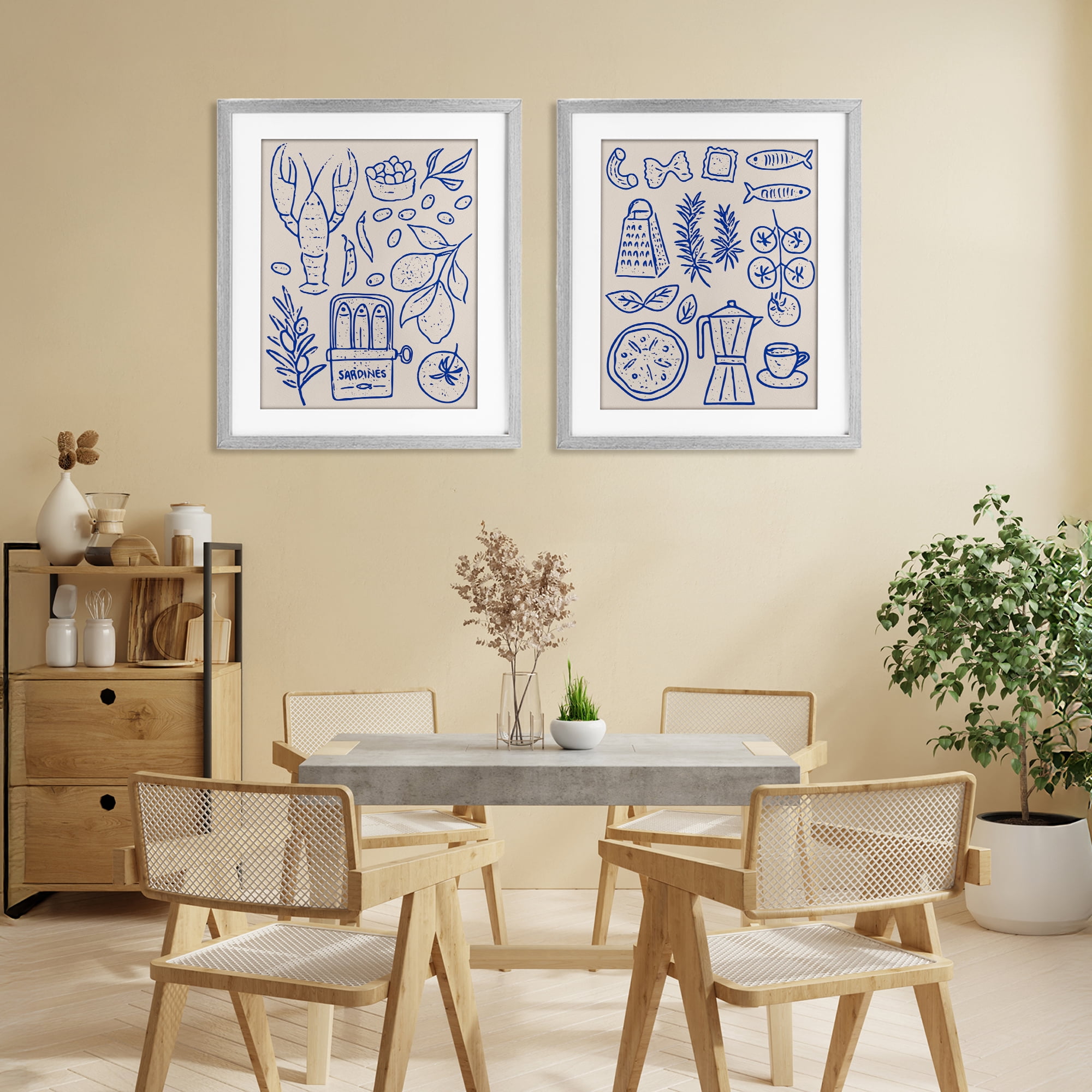 Stupell Industries Mediterranean Kitchen Simplicity 2 Piece Gray Framed Print Under Glass Set, design by Camila Juncos