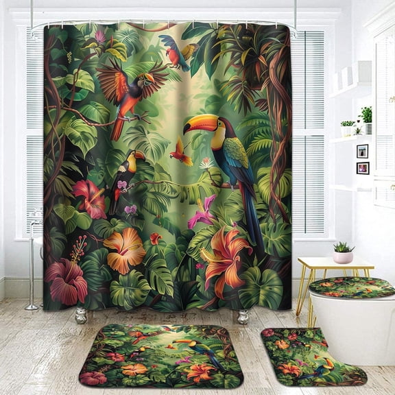 Bird 4PCS Shower Curtain Set Parrot Floral Bathroom Set Accessories with Non-Slip Rug,Toilet Lid Cover,Bath Mat,12 Hooks-72x72in-Jungle Waterproof Curtains-Farmhouse Home Decor Teen Adults Gifts