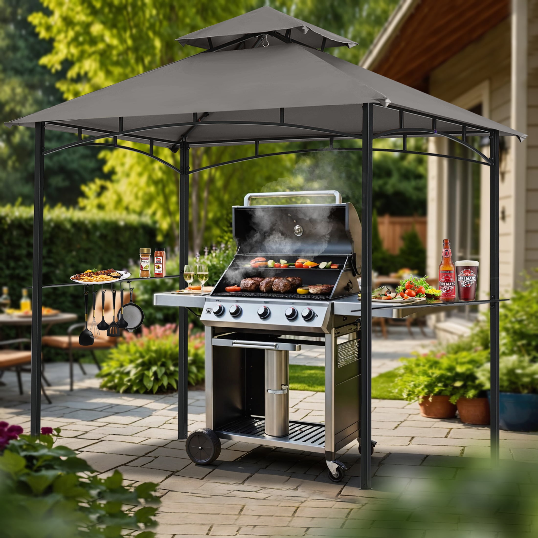 MASTERCANOPY 8 x 5ft Outdoor BBQ Grill Gazebo with LED Lights and Shelves, Dark Gray