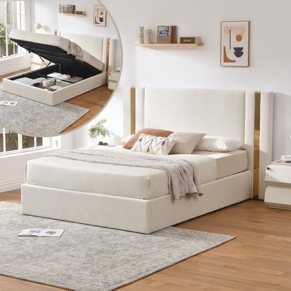 Zanmintaobo Queen Size Lift up Storage Platform Bed Frame,Linen Fabric Upholstered,Wide Headboard,No Box Spring Needed,Easy Assembly,White