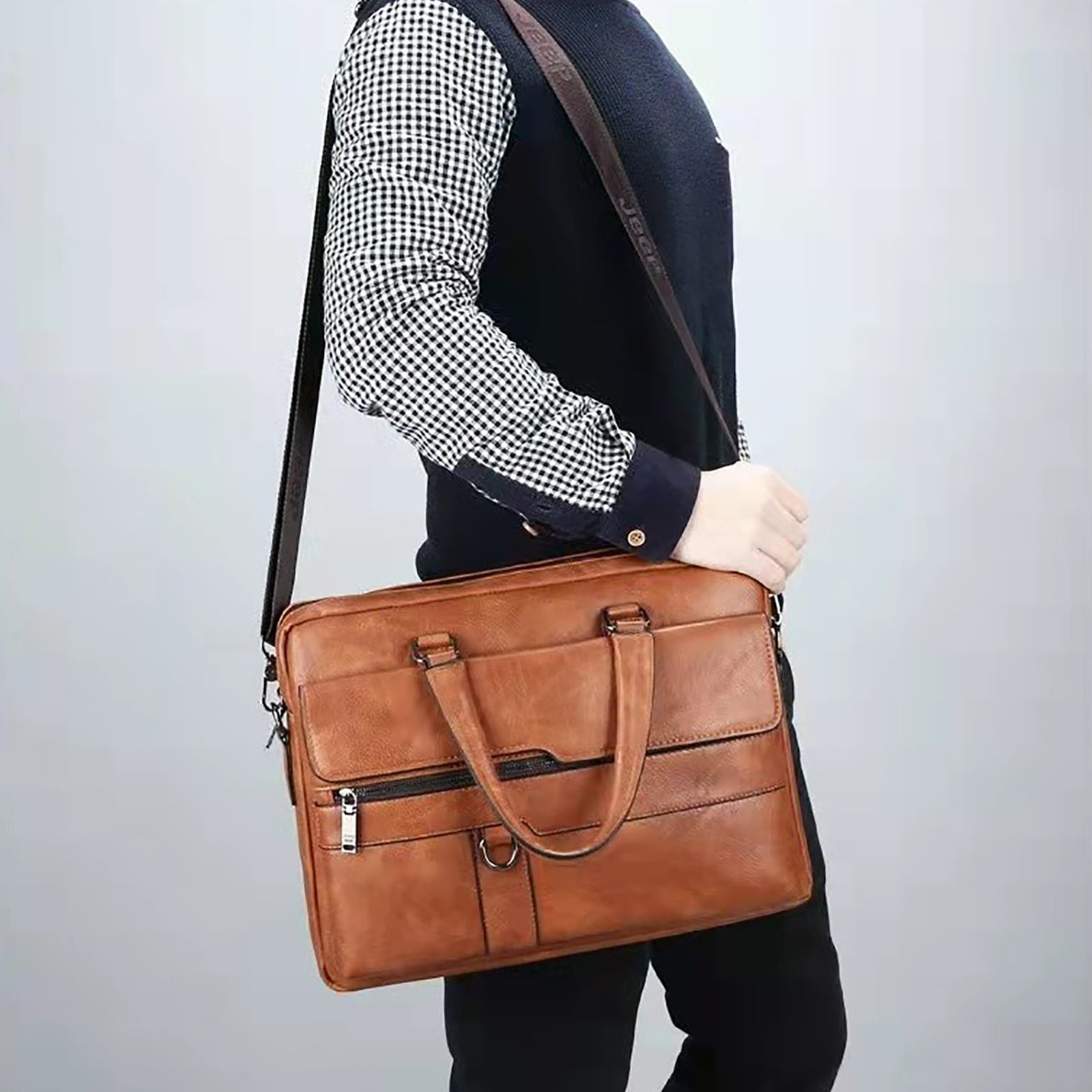 Belrova Leather Briefcase for Men Laptop Handbags Large Capacity Retro Work Messenger Crossbody Shoulder Bags