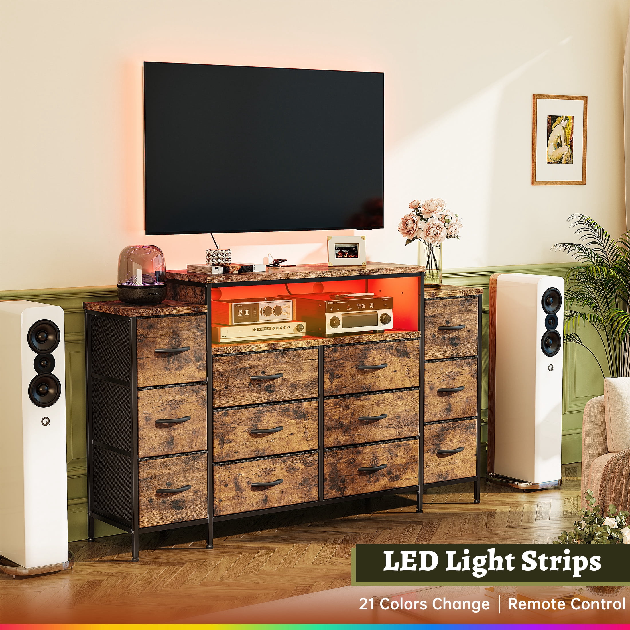 EnHomee 55" W Dresser for Bedroom with LED Lights & Charging Station 12 Drawer Dressers & Chests of Drawers, Rustic Brown