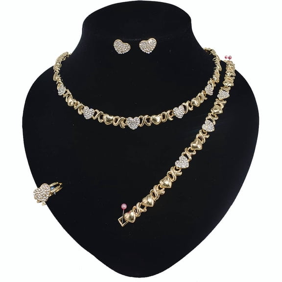 Women's Hugs & Kisses XOXO Necklace Set Mini Hearts 18k Layered Real Gold Plated Includes Necklace Bracelet Earrings Ring Set