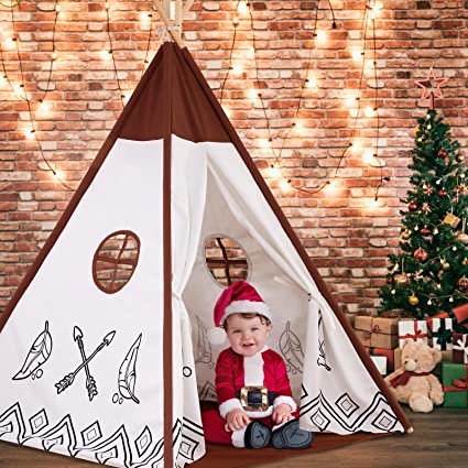 Duke BABY Kids Teepee Tent Cotton Canvas for Kids and Pets Indoor Outdoor with Tent Mat -- White Brown