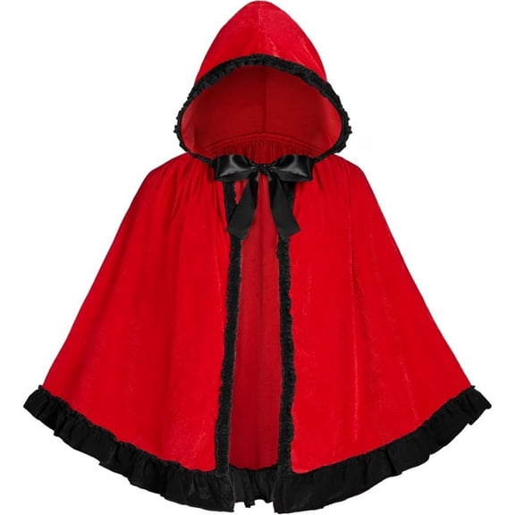 Women Little Red Riding Hood Cloak Halloween Christmas Fancy Cape Lace Trim Velvet Cosplay Costume