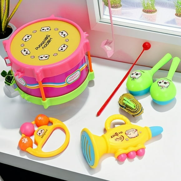 Children's Happy Musical Instrument Set 5-piece Combination Puzzle Baby Musical Instrument Double sided Drum Patting Drum Sand Hammer Set Toy for Kids,A1