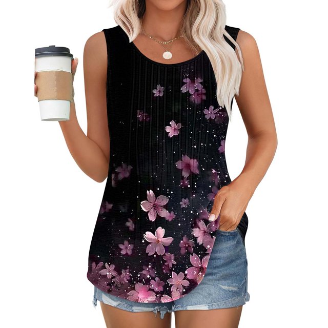 Frostluinai Débardeurs à Col Rond pour Femmes Sans Manches Plissés Débardeurs Décontractés Imprimé Floral Gilets Grande Taille Tunique Boho Chemises d'Été Débardeurs