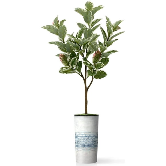 Artificial Tree in Blue Gray Industrial Line Pattern Planter, Fake Rubber Silk Tree for Indoor and Outdoor Home Decoration - 70" Overall Tall (Plant Plus Tree)
