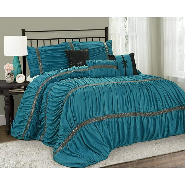 HIG 7 Piece Comforter Set KingTeal Microfiber Ruffles Silver Sequins