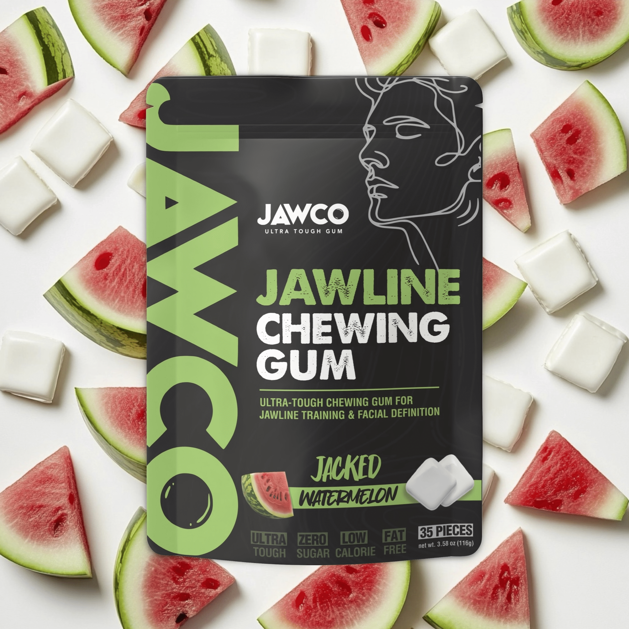 JAWCO Ultra-Tough Jawline Chewing Gum | Watermelon Facial Fitness Hard Gum | 3-PACK
