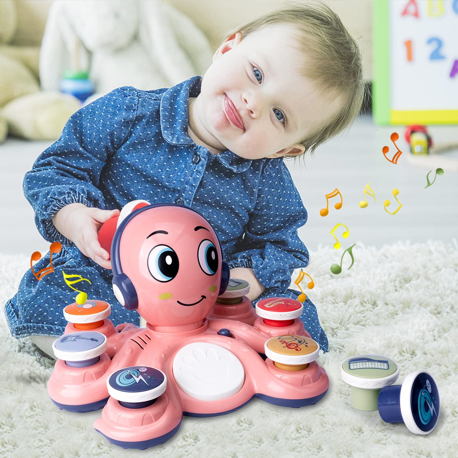 Musical Octopus Toy for Toddlers, Interactive Learning Instrument with 32 Music Modes, Lights & Sounds, 18+ Months
