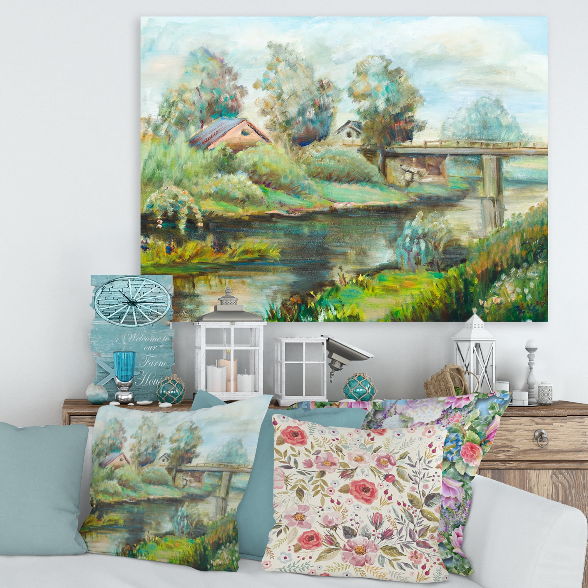 Designart ' Rustic Landscape With Bridge On The River ' Lake House Canvas Wall Art Print