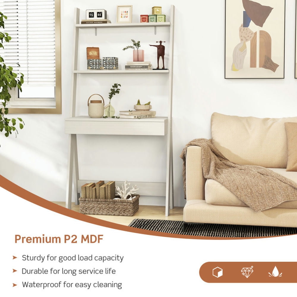 Demi Bonn 3-Tier Ladder Bookshelf, Desk Bookcase with Countertop Drawer and 2 Shelves, White