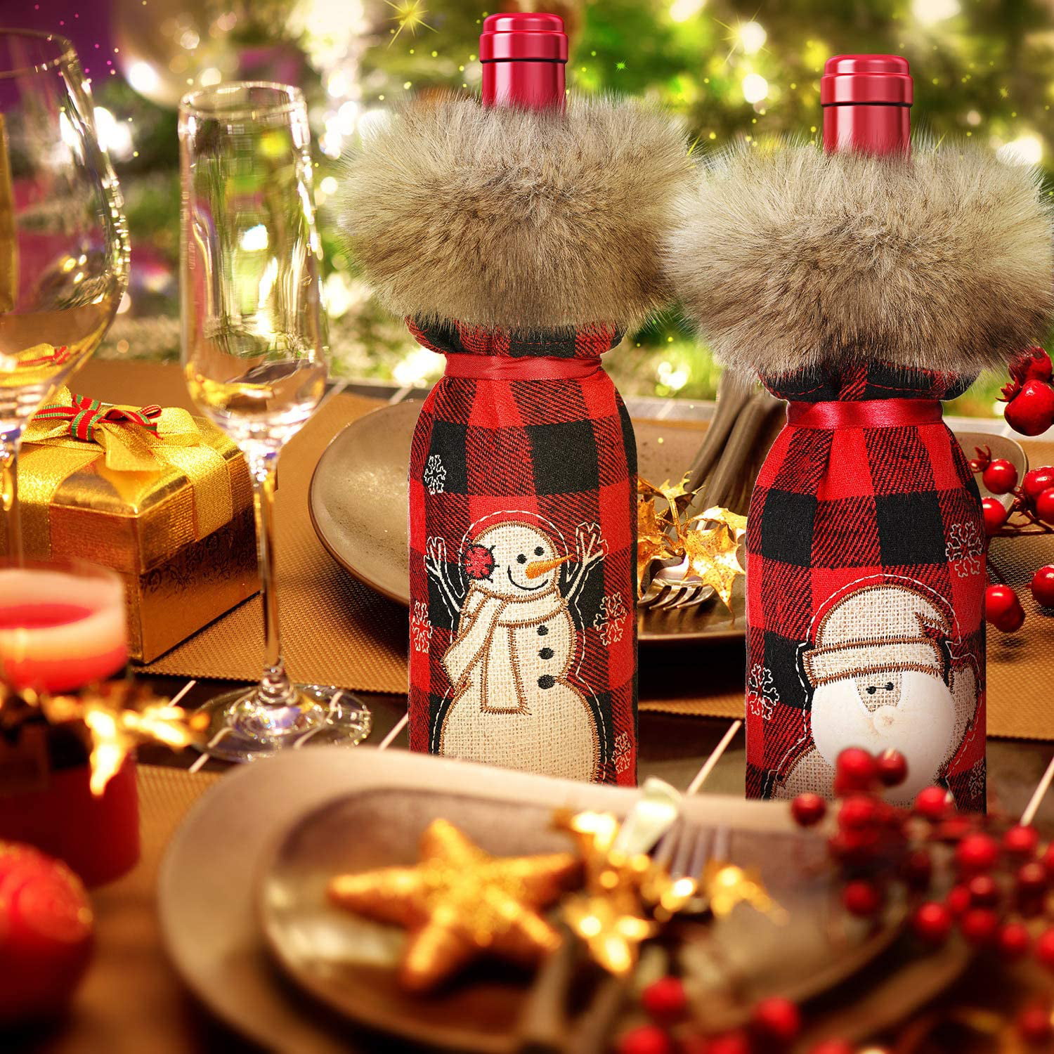 6 Pieces Christmas Buffalo Plaid Wine Bottle Cover Decorative Wine Bottle Sweater with Faux Fur Collar Holder Bags for Xmas Party Decoration 
