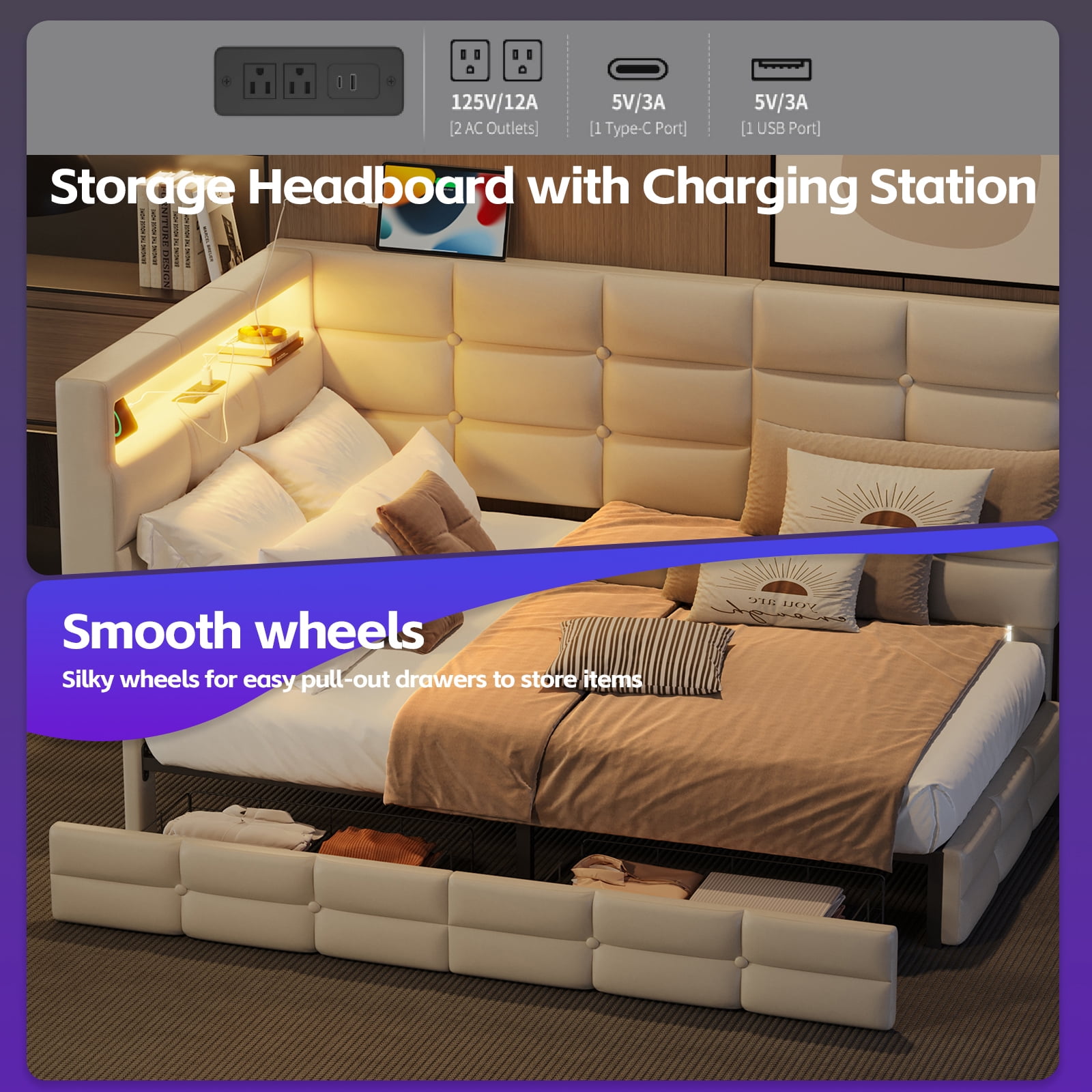 Euroco Upholstered Twin Size Daybed with Storage Headboard and Drawers, Sofa Bed with LED Light and USB Charging, Beige