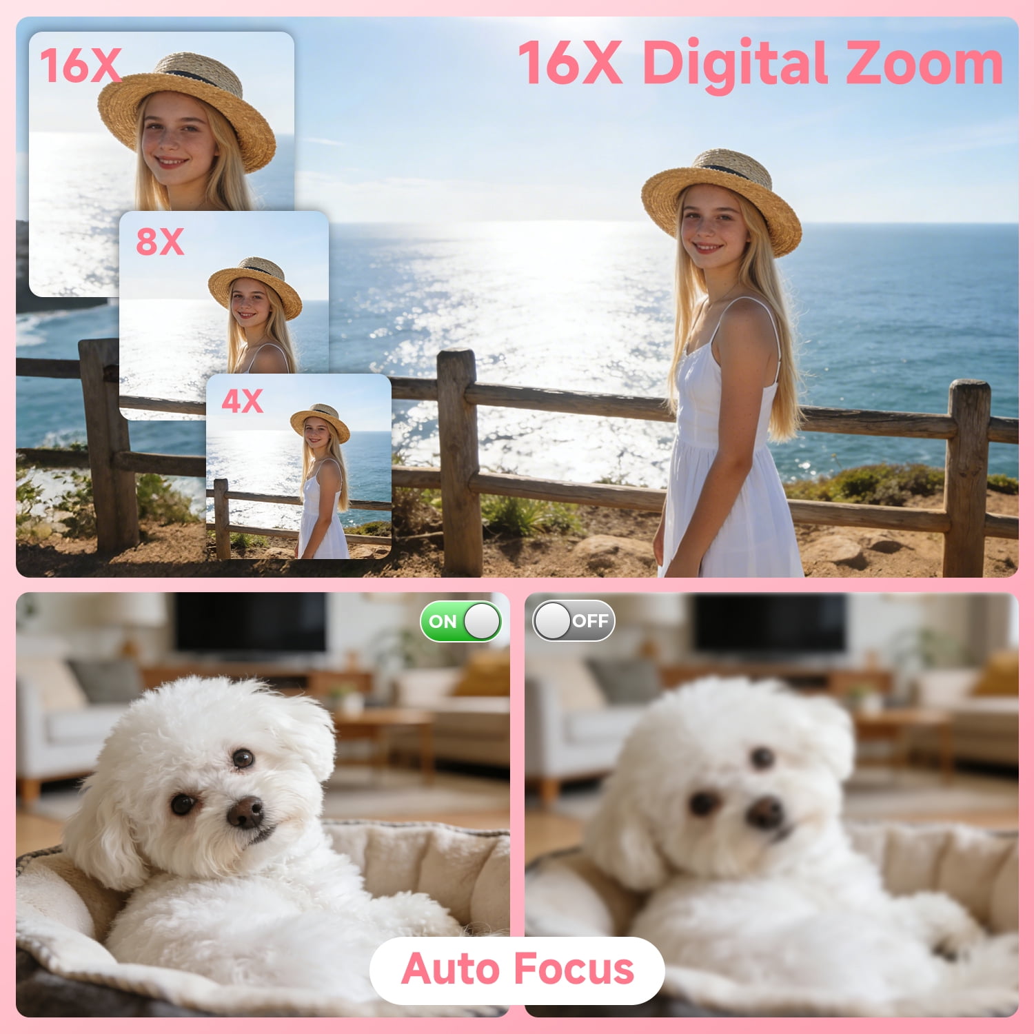 2026 Upgraded 56MP Dual Screens Digital Camera, Compact Cameras Built-in Battery with 16X Zoom Auto Focus Travel Cameras with Smile Capture 32GB SD Card Anti Shake for Kids Teens(Pink)