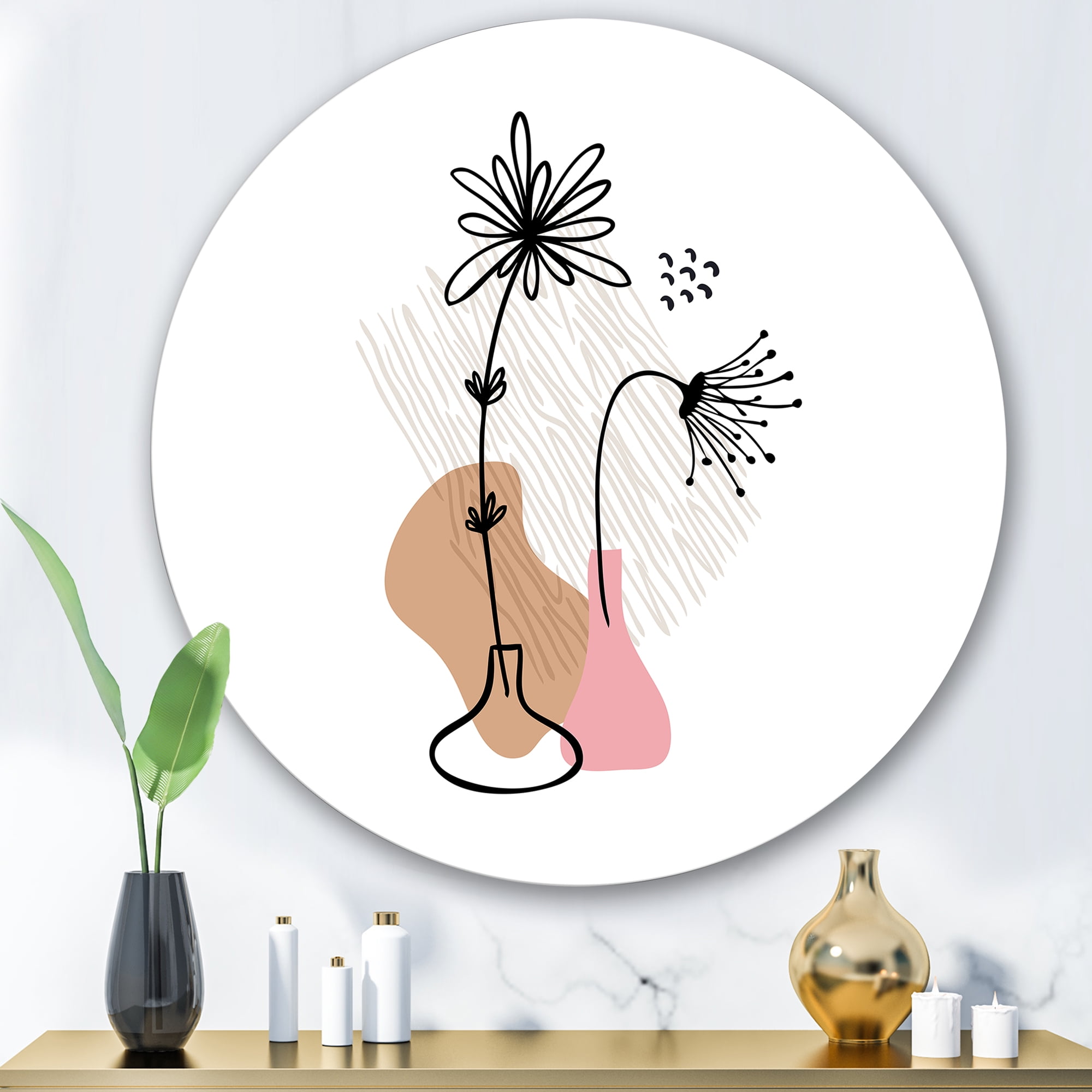 Designart 'Abstract Minimal Shapes Under Flowers III' Modern Circle Metal Wall Art 36x36 - Disc of 36