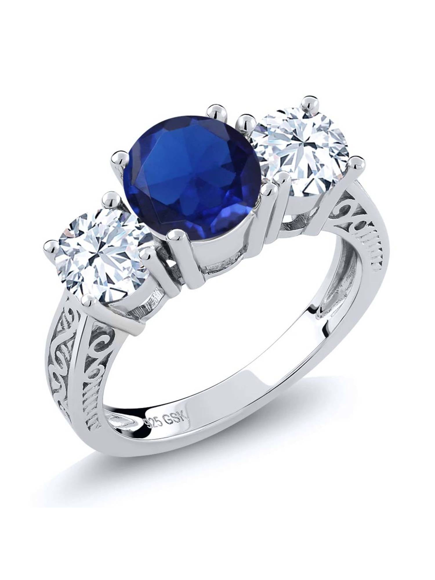 3.17 Ct Round Blue Created Sapphire 925 Sterling Silver 3Stone Ring