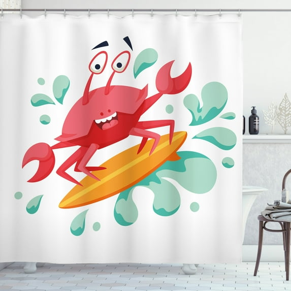 Ambesonne Ride the Wave Shower Curtain, Caricature Crab, 69"Wx70"L, Dark Coral Mint Orange