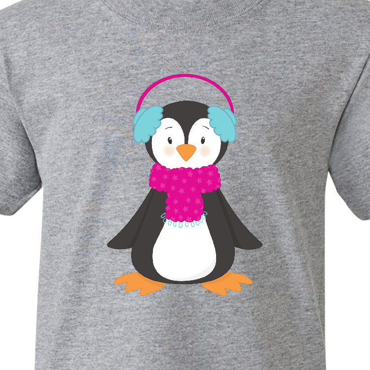 Inktastic Cute Penguin, Penguin With Ear Warmers, Scarf Youth T-Shirt - image 3 of 4