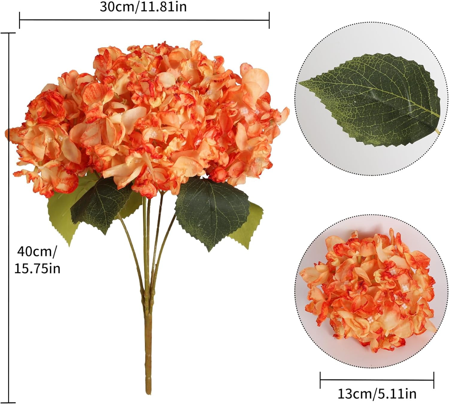 Fake Hydrangea Artificial Flowers Heads Orange Silk Hydrangea Dried Flowers with Stems Faux Flowers Centerpiece Table Decorations for DIY Wedding Baby Shower Party Home Deco(Orange)