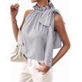 thumbnail image 3 of Women's Sleeveless Striped Ruffle Tank Tops High Necked Tie Top Blouse for Daily Wear Black L, 3 of 10