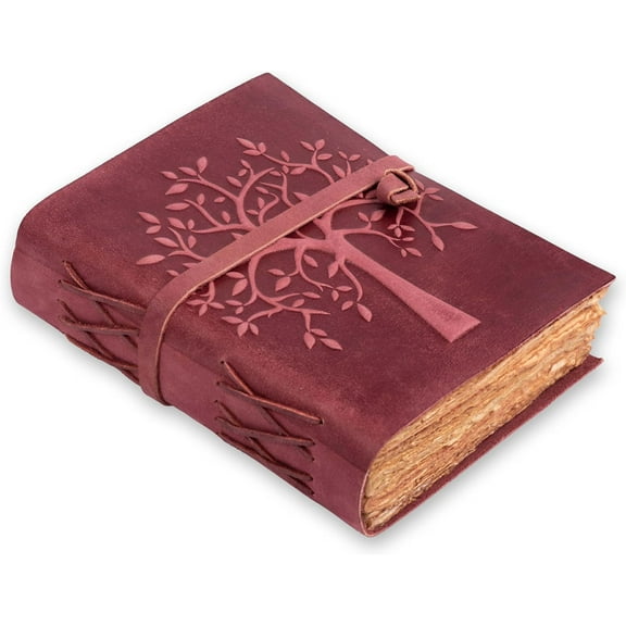 Tree of Life Journal - 6 X 4 (A6) inches - Fuchsia - 200 Antique Deckle Edge Handmade Paper – Book of Shadows - Vintage Leather Bound Journal for Women & Men