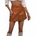 thumbnail image 2 of Leather Skirts for Women High Waisted PU Leather Shorts Elastic Waist Ruched Wrap Skirt Brown S, 2 of 7