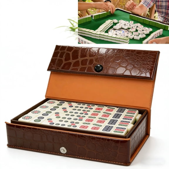 Chinese Mahjong Set with 144 Tiles Mini Mahjong Set with Brown Carrying Case Portable Lightweight Game for Travel Camping Family Gatherings Friends Party