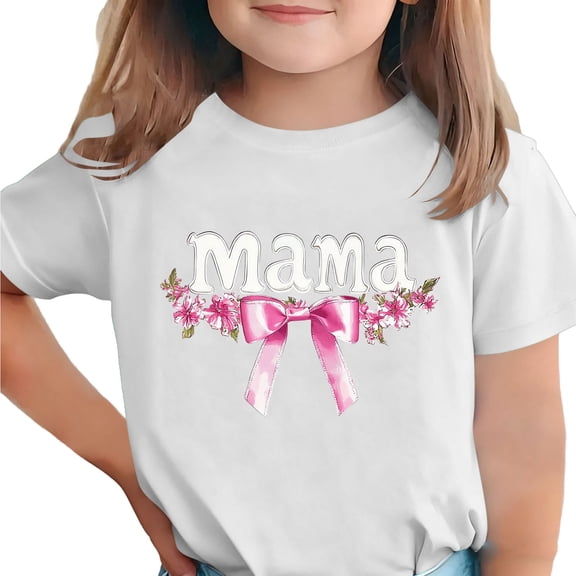 Girls Short Sleeve T-Shirt White Soft Stretch Crewneck Mama Floral Bow Kids Ages 4-12 Mommy and Me Matching,Size 4-5T