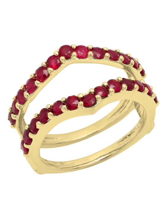 Collection 0.95 Carat (ctw) 10K Round Ruby Wedding Enhancer Guard Double Band 1 CT, Yellow Gold, Size 7
