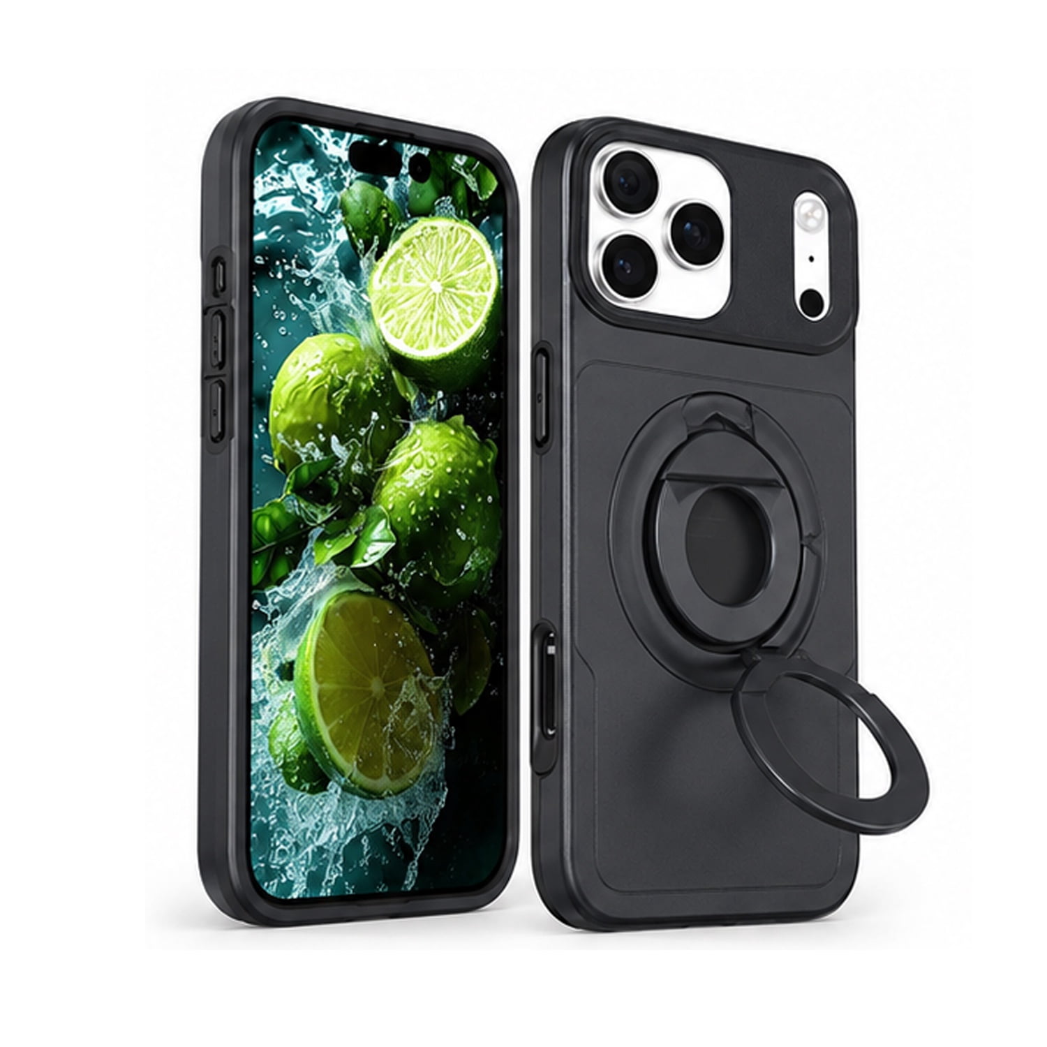 Ring Stand Case & Camera Lens Sliding Cover for iPhone 17 Pro Max - Black