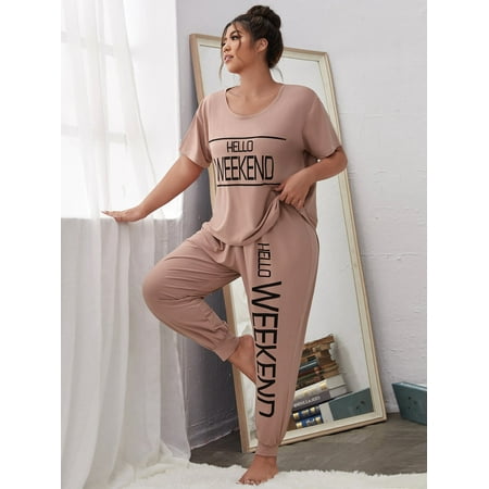 

Dusty Pink Casual Women s Plus Slogan Graphic Pajama Set 5XL(22) Y22001D