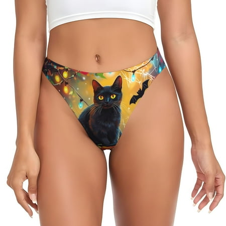 Thongs for Women - Halloween Colorful Maple Leaf Black Cat No Show Seamless Womens Thongs Underwear  Soft Stretch G String Thongs for Women Cuteness Ladies Thong Bikini Panties Briefs