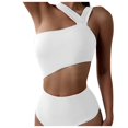 thumbnail image 2 of TODOZO One Piece Swimsuit Women Tummy Control Women's One- Piece Swimsuit Solid Color One Shoulder High Waist Swimsuit Halter Bathing Suit Slimming Hollow Out Swimwear White M, 2 of 5