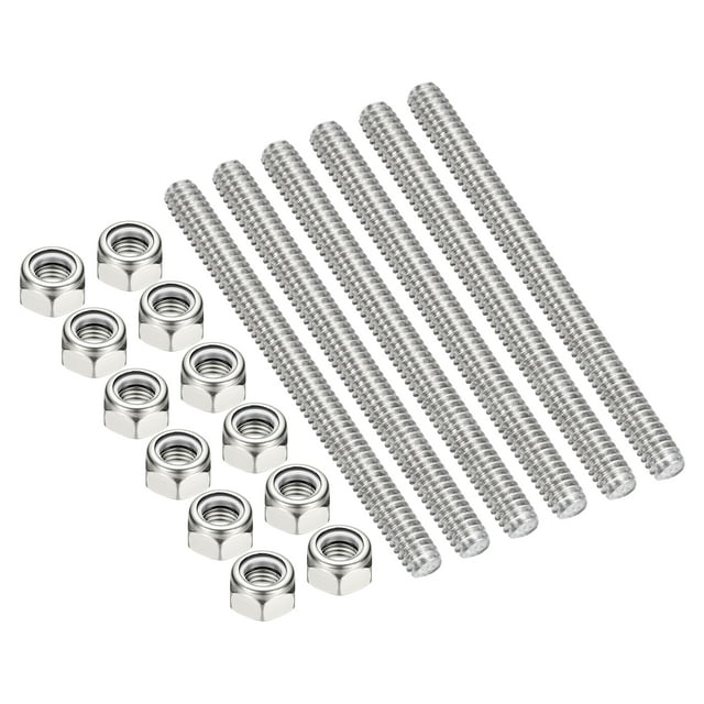 Uxcell 6Pcs 1/4"-20x80mm Threaded Rods with Hex Nuts, 304 Stainless Steel Fully Threaded Rod Right Hand Threads with 12Pcs Nylon Insert Lock Nut for Clamps Hangers U-Bolt, Silver Tone