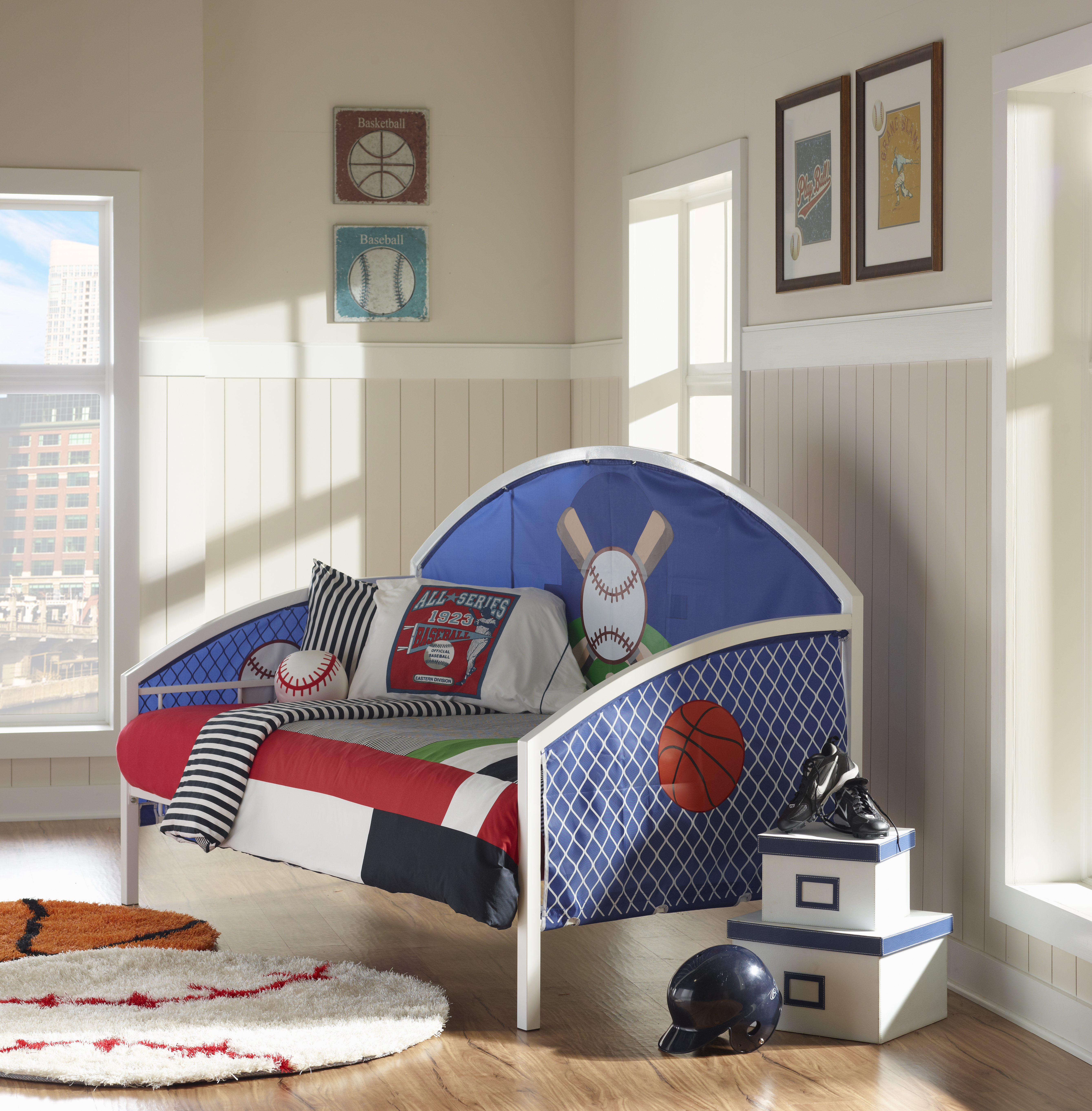 Linon Big Game Steel Youth Daybed with Baseball & Basketball Images in White