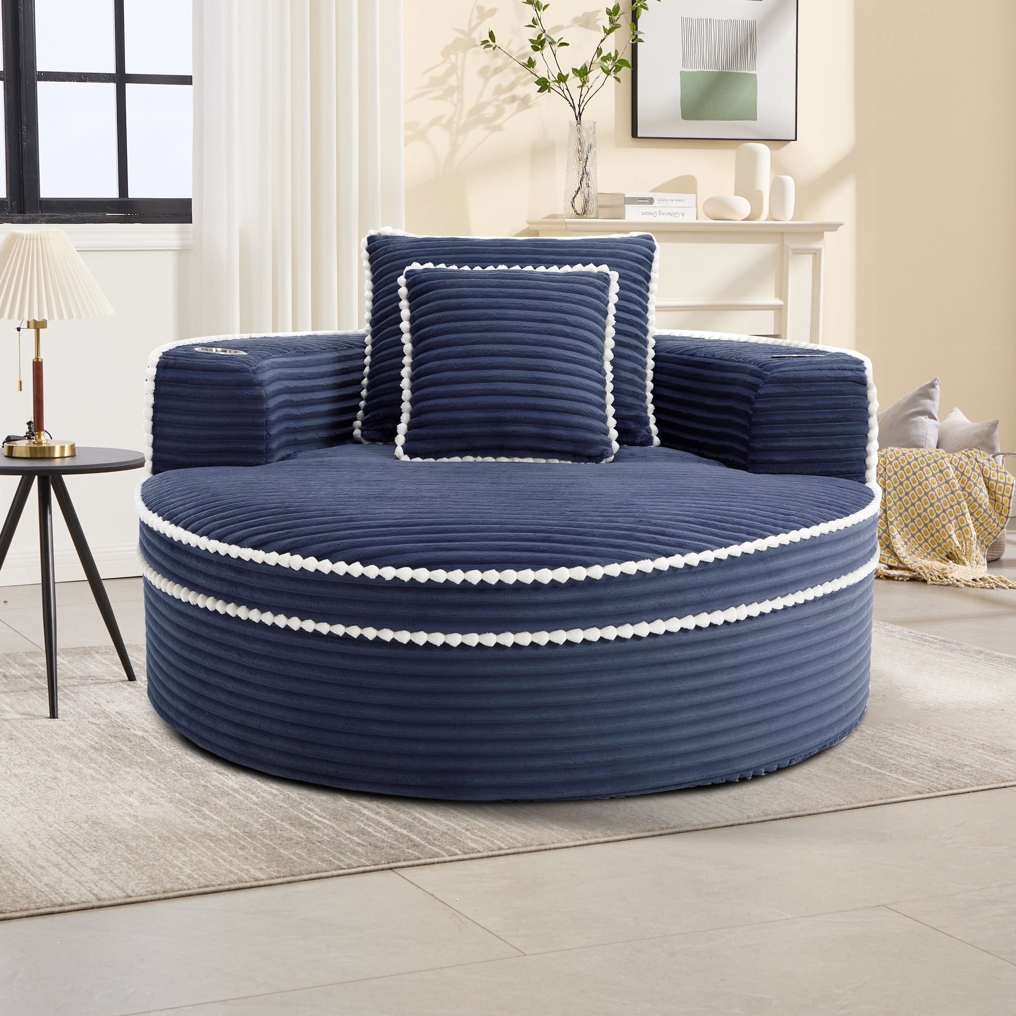 Leumius Oversized Round Chaise Lounge Chair Indoor, Upholstered Sofa Bed With Deep Seat and Cupholders,Cozy Boneless Chaise with High Density Memory Foam for Living Room,No Assembly,Blue