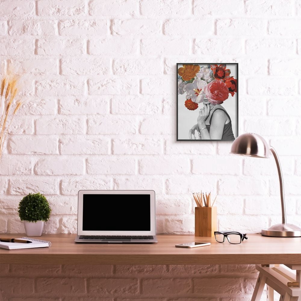 Stupell Industries Vintage Female Sitting Fashion Flower Spring Bloom Collage Framed Wall Art Design by Wild Apple Portfolio, 16" x 20", Black Framed