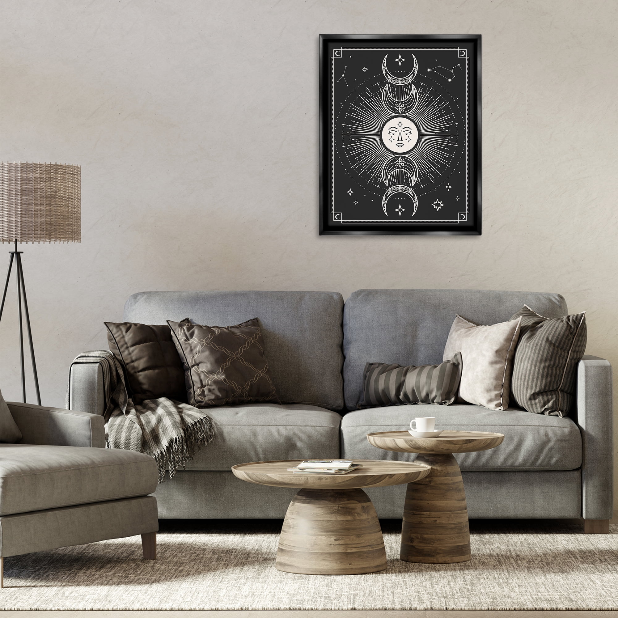 Stupell Industries Moon Cycle Pattern Astrology & Stars Painting Black Floater Framed Canvas Art Print Wall Art, 25 x 31