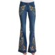 thumbnail image 1 of Pantalones vaqueros acampanados con bordado floral para mujer, talla grande, pierna ancha, tiro bajo, acampanados, 1 of 5