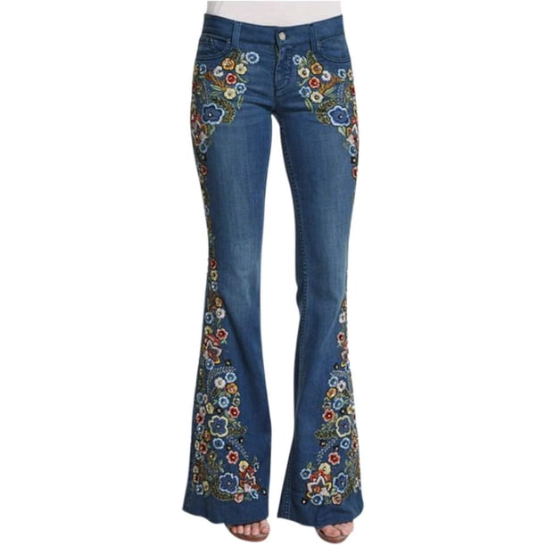Pantalones vaqueros acampanados con bordado floral para mujer, talla grande, pierna ancha, tiro bajo, acampanados