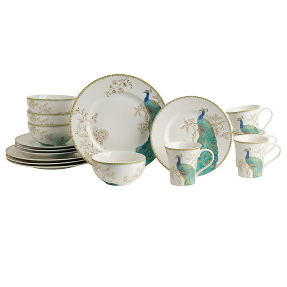 222 Fifth Peacock Garden 16-Pc Porcelain Dinnerware Set, Blue/Gold/White