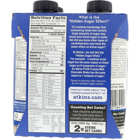 Atkins PLUS Creamy Milk Chocolate Flavor Protein Shake, 30g of Protein, Low Carb, Low Sugar, Gluten Free, 4 Count