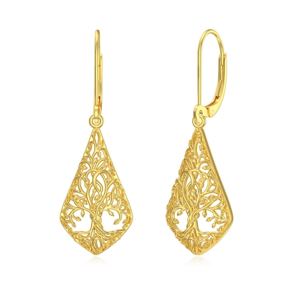 14K Solid Gold Tree of Life Earrings for Women Real Yellow Gold Filigree Leverback Earrings Jewelry Birthday Gifts for Wife Mom